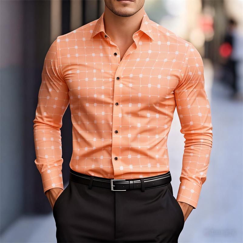 Men's Stylish Geometric Square Print Long-sleeved Shirt, Slim Fit Business Casual Shirt