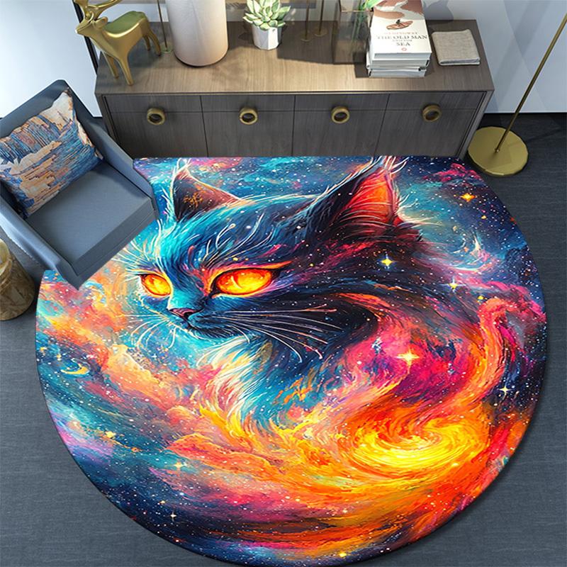 Cosmic Cat Round Area Rug,Carpet Rug for Living Room Bedroom Sofa Playroom Decor,Non-slip Floor Mat
