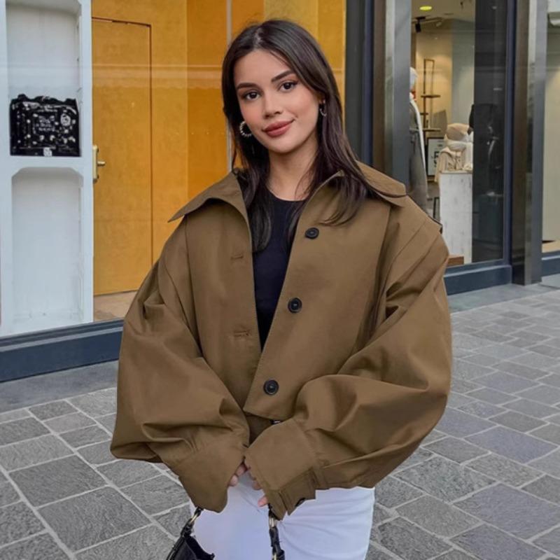 Women Pleated Lapel Pilot Jacket Loose Long Sleeve Casual Khaki Coat