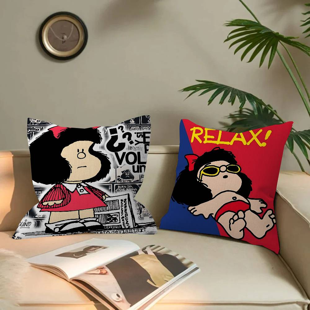 M-Mafalda Girl Pillow Covers Cartoon Sofa Decorative Home Double-Sided Printing Short Plush Cute Cushion Cover