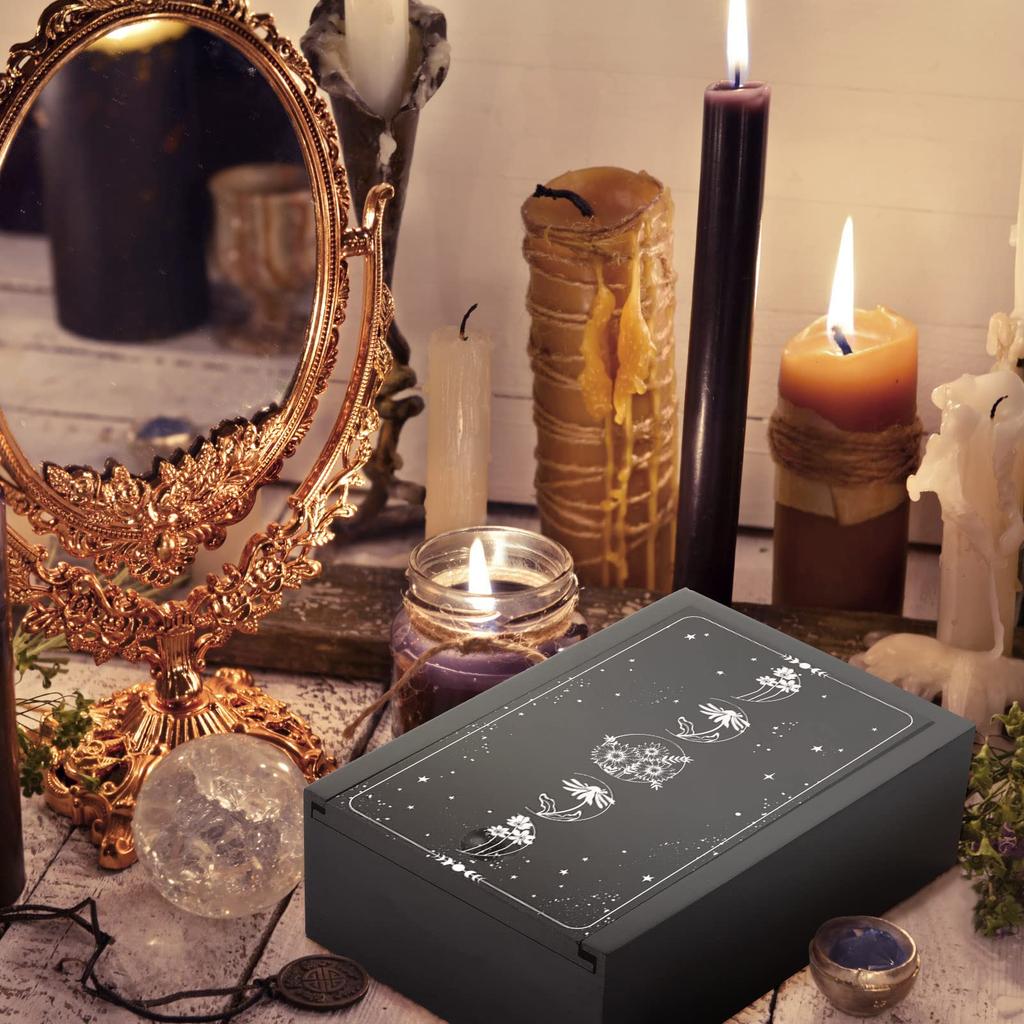 Yulejo Wooden Tarot Card Case Stand Card Divination Trinket Box with Pendulum Altar Display for Witches Small & Holder, Box, Board, Moon-Shaped