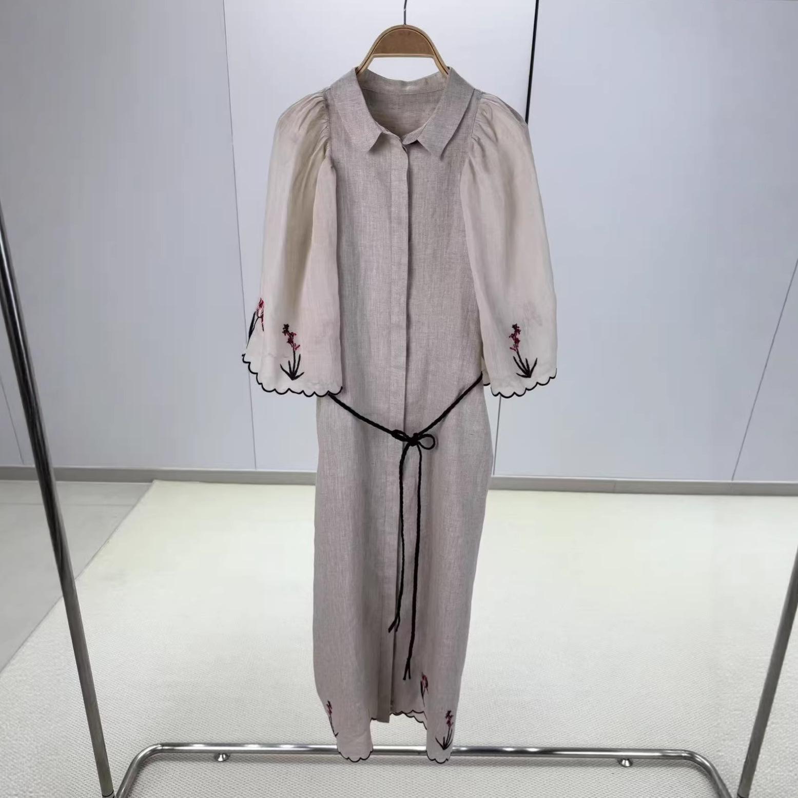 Available: Summer Linen Embroidered Dress with French Lapel, Puff Sleeves, and Belted Waist - Mid-length Shirt Style Medium