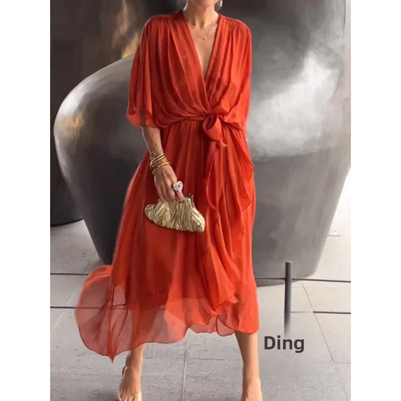 2026 New Plus Size Women's Solid Color Tie-Waist Long Dress with Bat Sleeves and Asymmetrical Hem
