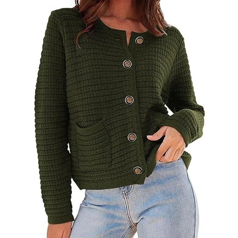 

Осеннее вязаное пальто с круглым вырезом, винтажное однотонное офисное пальто с карманами, повседневные кардиганы на пуговицах с длинными рукавами, зимняя одежда 29764 L темно-зеленого
