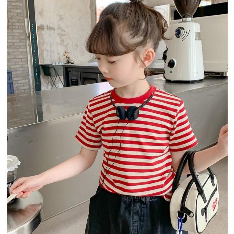 Girls' Short Sleeved T-shirt Striped Summer Children's Korean Summer Outfit Half Sleeved Girls' Thin Top T-shirt