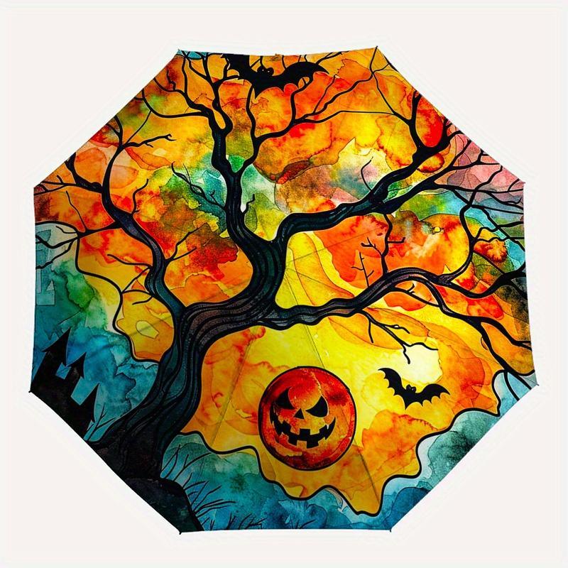 Halloween Tree with Jack-o'-lantern and Bats Watercolor PrintUmbrella, Portable 3-Fold Compact Umbrella,Christmas Gift ES599