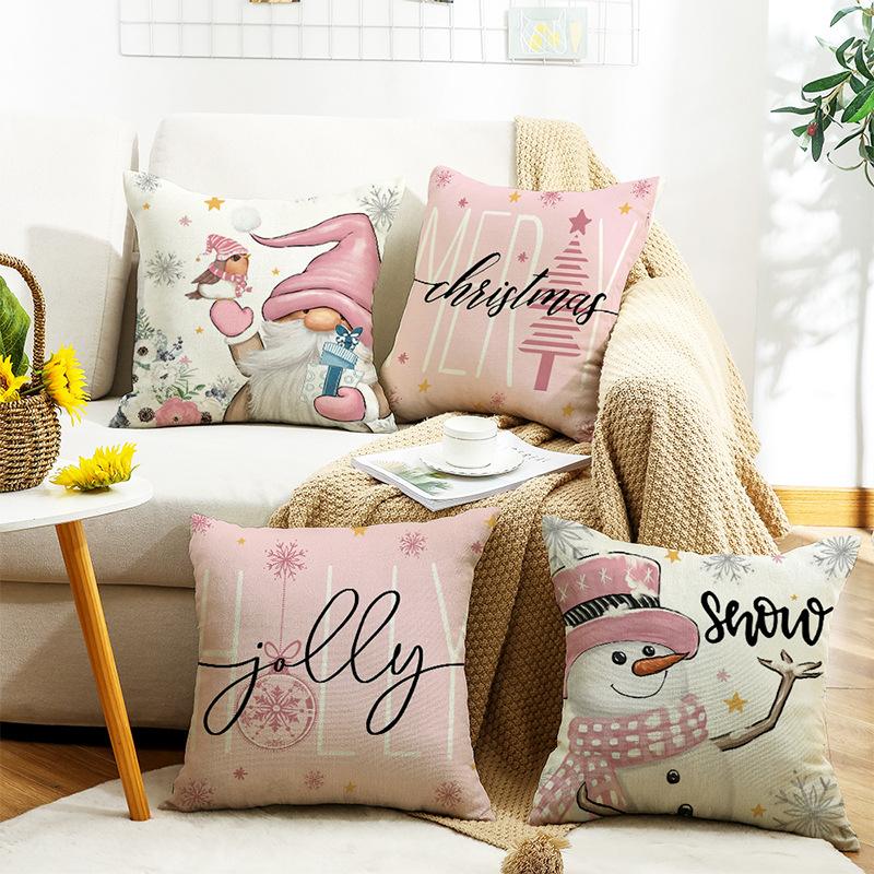 Winter Christmas Cushion Pillow Case Letter Print Pink Snowman Sofa Home Pillow
