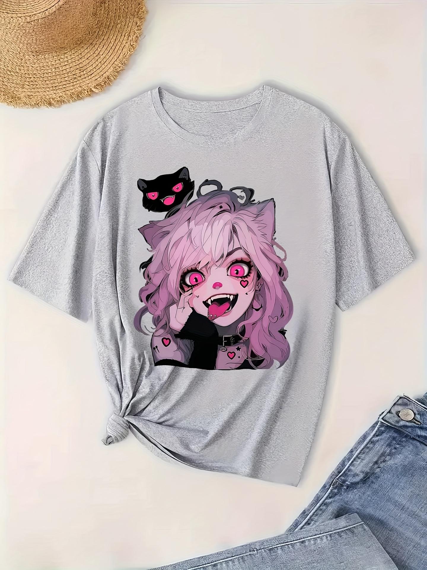 

Женская милая футболка с аниме-принтом - Повседневный топ с коротким рукавом и круглым вырезом, с дизайном персонажа с розовыми волосами и кошачьими ушками 4XL