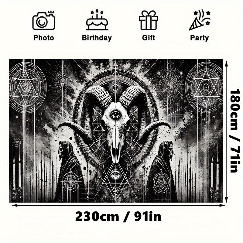 Gothic Infernal Goat Landscape Tapestry, Grunge Occult Symbol Geometry Wall Cloth, Cool Backdrop For Bedroom Home Space Indoor