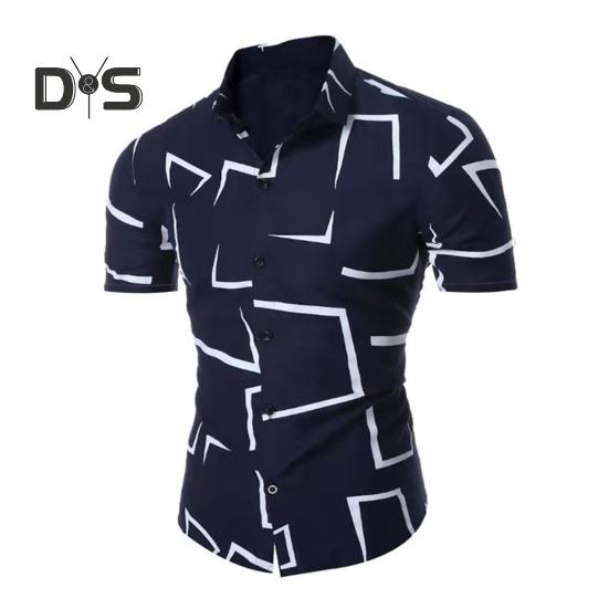 Summer Men Shirt Geometric Printing Single-breasted Short Sleeves Slim Fit Top Turn-down Collar Mid Length Contrast Color Shirt