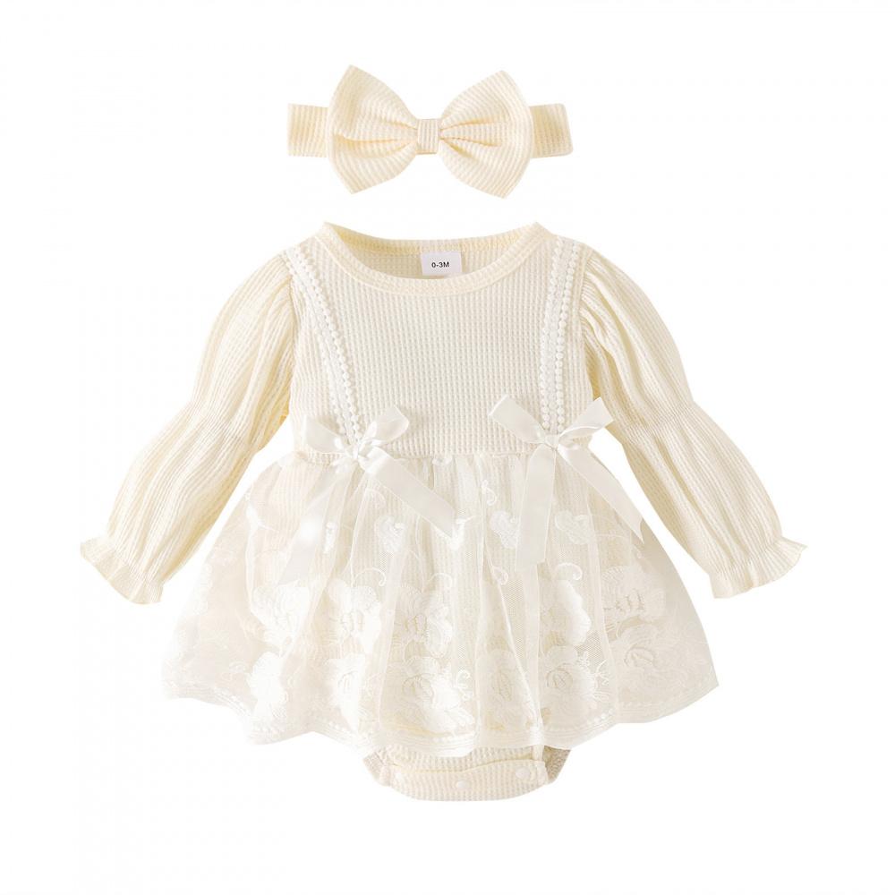 Baby- und Kleinkindkleidung Koreanischer Stil Herbst Waffel Laternenärmel Netz-Strampler mit offenem Schritt + Fußsocken + Kopfbedeckung