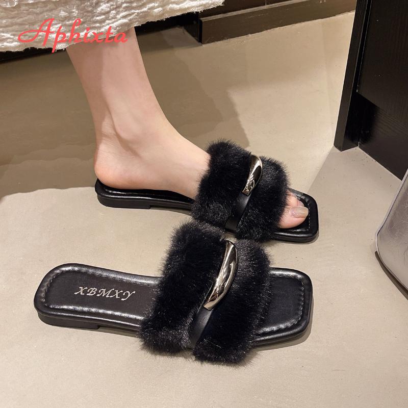 Fashion Aphixta Flat With Furry Women Slippers Outside Modern Slides Shoes Metal Dec Soft White Fur Slippers Fashion Woman Shoes
