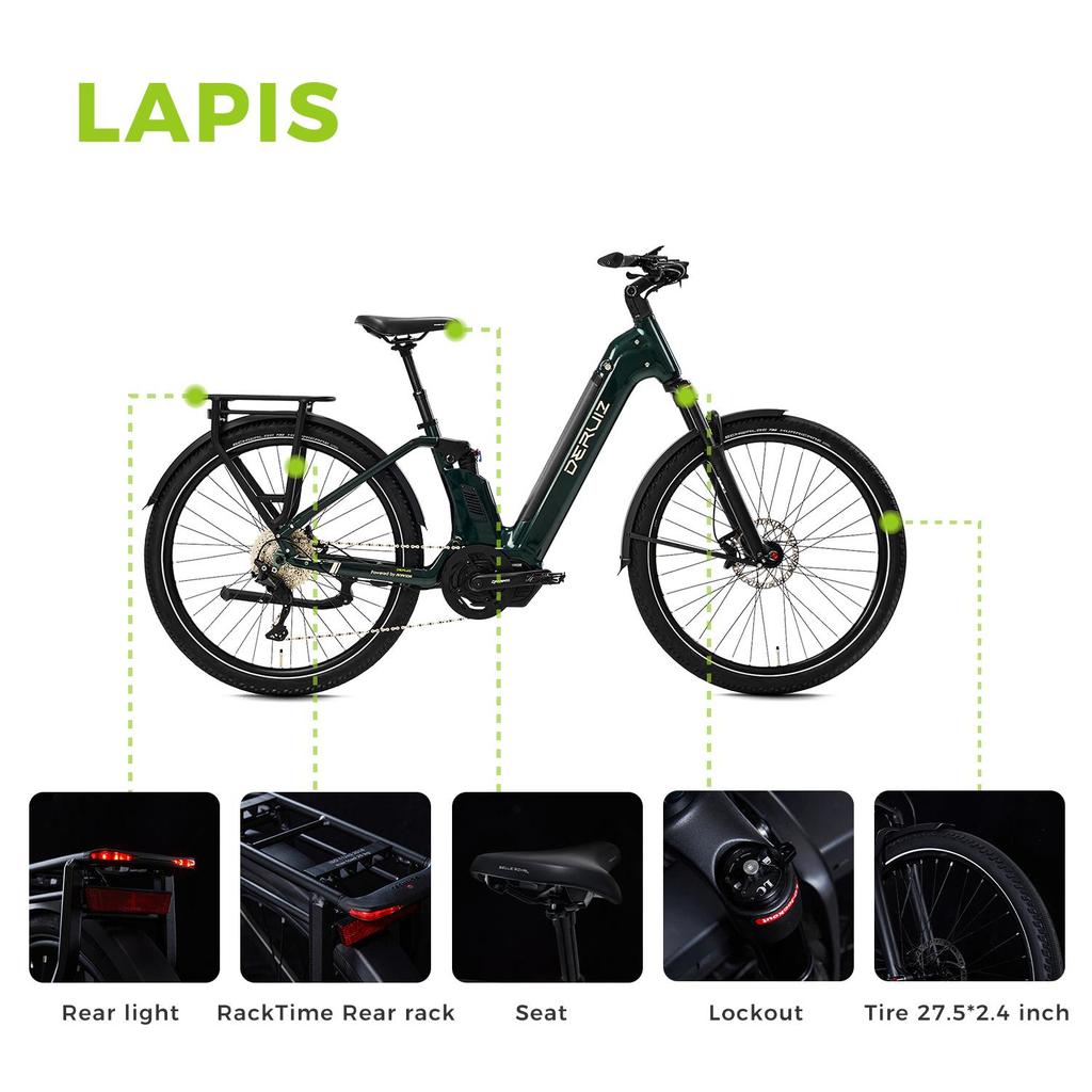 Electric Bicycle DERUlZ Lapis 27.5" E-Mountainbike with 250W 110Nm Mid-Drive Motor, 48V Battery,10 Speed ,,Max Range 161Km Load 150kg