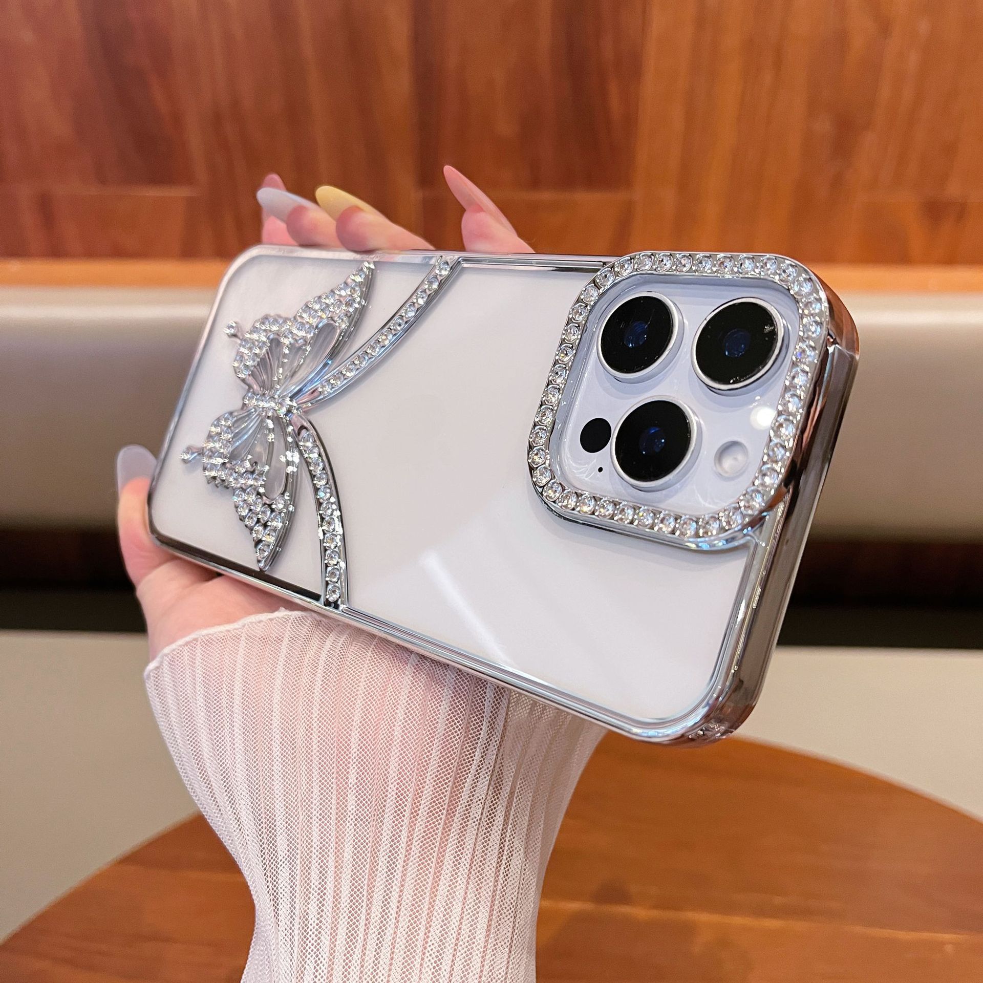 

Flat Butterfly Transparent Diamond Case for iPhone 11 12 13 14 15 16 Pro Max 17 Plus Electroplated Gradient Glitter Soft Cover iPhone 16 Pro Max срібний