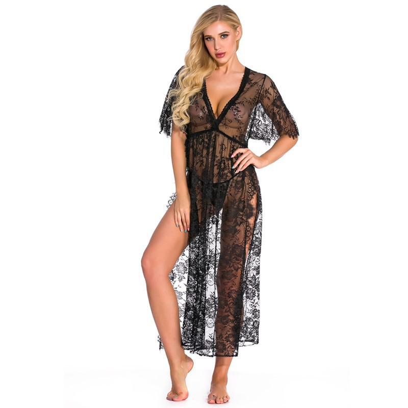 2023 European & American Sexy Lace Deep V Women’s Bodysuit with Side Opening and Long Robe