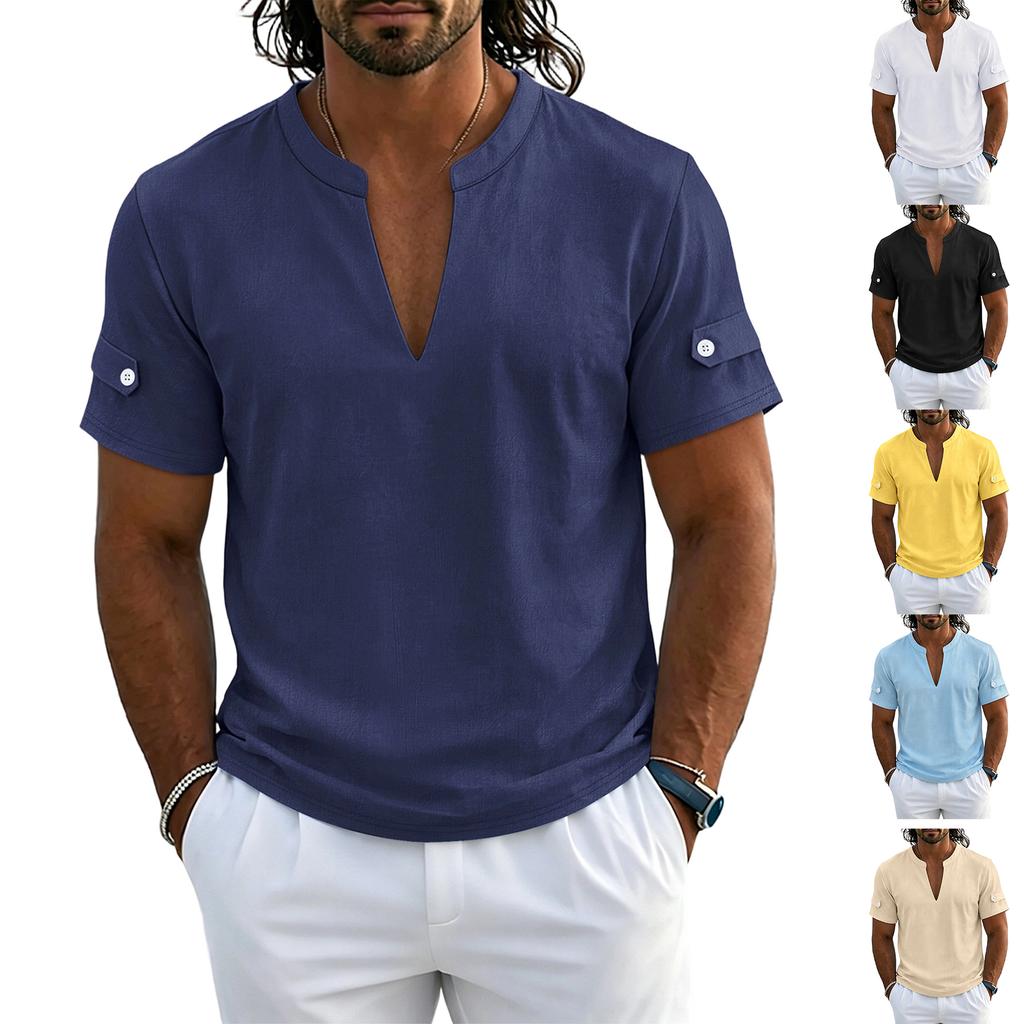 Chemise Polo Henley Casual à Manches Courtes et Col en V pour Homme Tissu Léger Respirant Haut d'Été