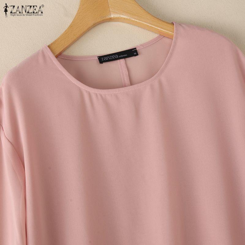ZANZEA Women Casual Round Neck Solid Color Loose 3/4 Sleeve Blouse