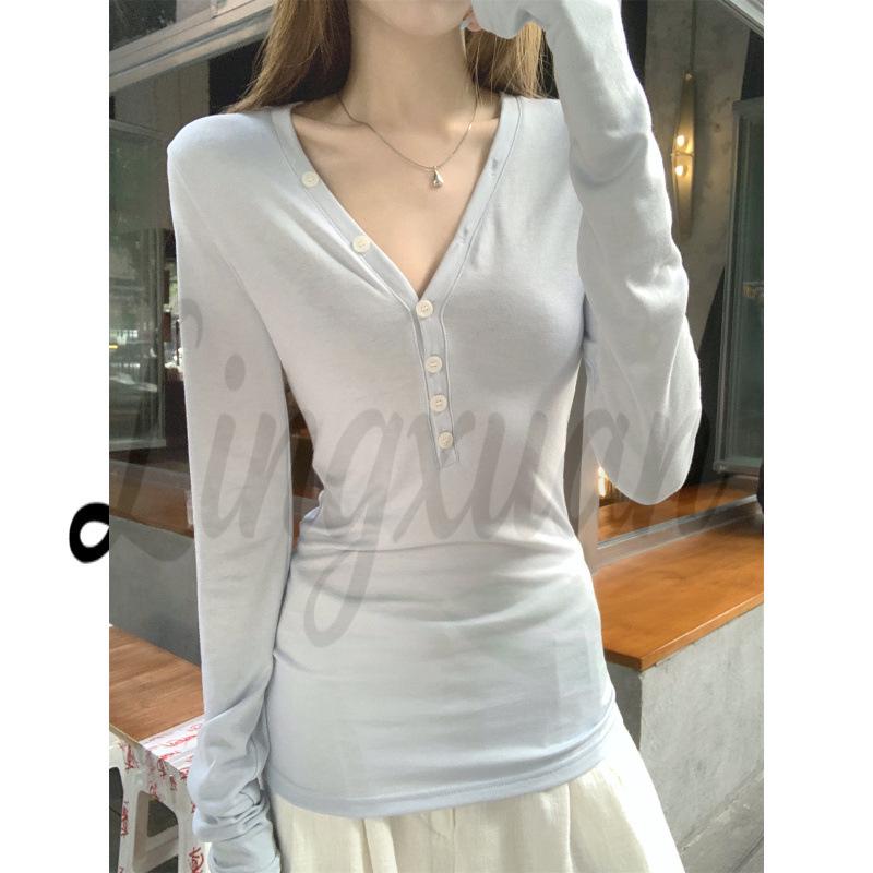 

Elegant Women s V-Neck Button Design Long-Sleeve T-Shirt - Summer Korean Style, Skin-Friendly Lyocell, Slim-Fit & Versatile L синій