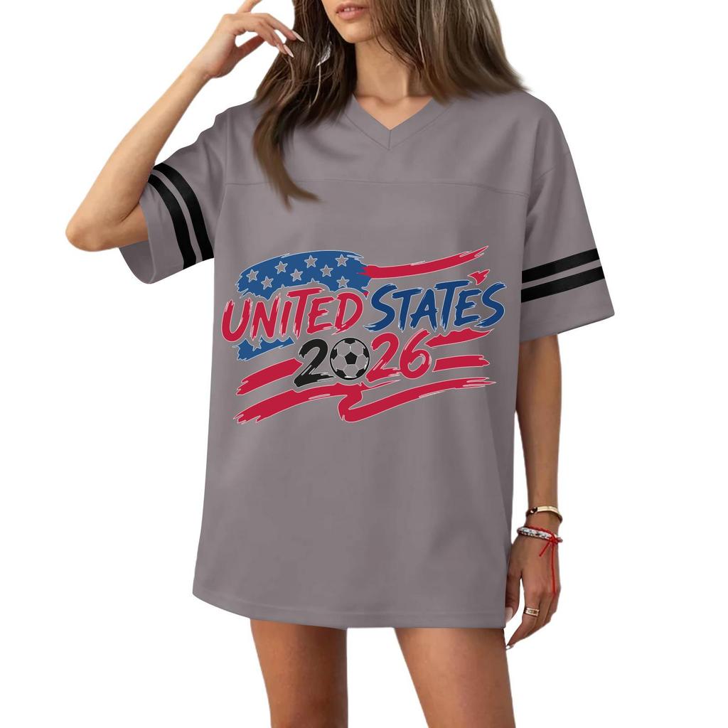 Women’s Casual V Neck Short Sleeve Soccer Jersey Top with States Flag and 2026 Football Graphic Print for Sports and Wear