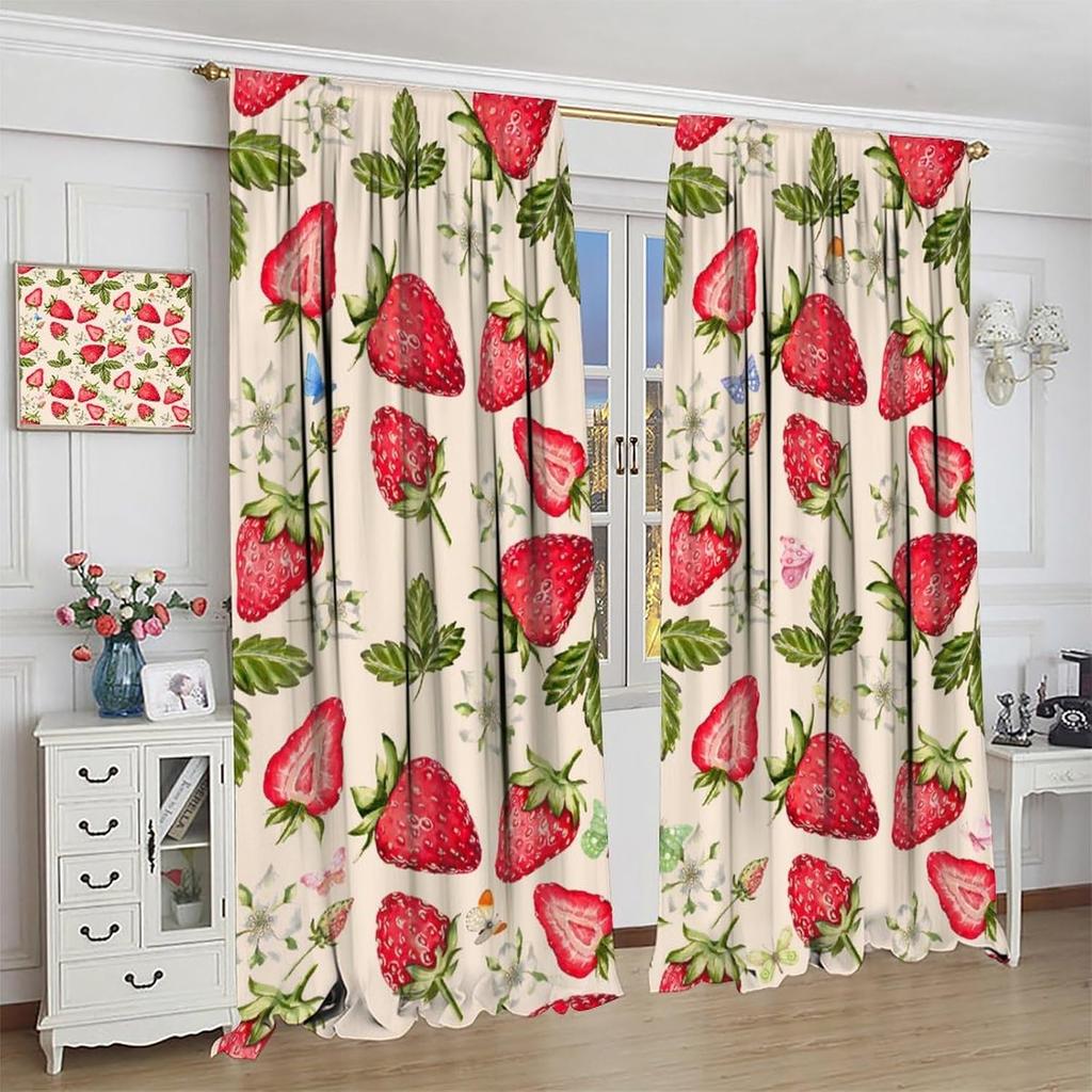 Strawberry Curtains, Vintage Rustic Colorful Bohemian Funny Butterfly Floral Leaves Fruit Seamless Pattern Drapes, Blackout Rod