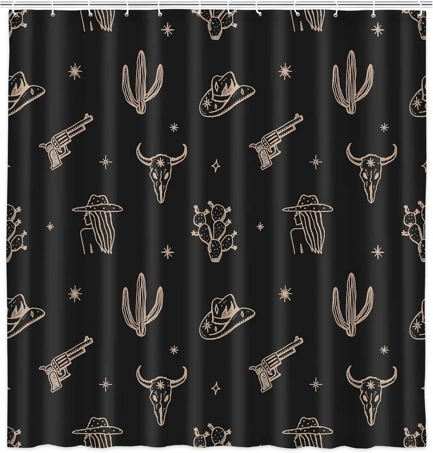 

Western Cowboy Shower Curtain Waterproof Farmhouse Black Wild West Bathroom Decor Rustic Mexican Style Polyester With Hooks W60H190(CM)-1 Pcs