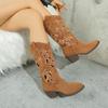 Fashion Casual Hollow Out Mid Calf Western Cowboy Boots Women 2025 Pointed Toe Medium Heel Riding Boots Fashion Music Festival Shoes