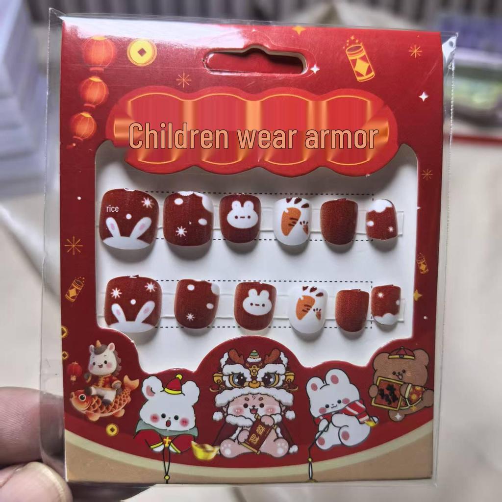Children's Red Festive New Year Nail Stickers - Self-Adhesive Wearable Nail Art with Cat Design for Girls