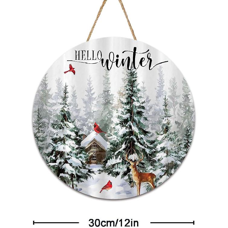 Winter Wreaths for Front Door, Winter Door Decorations Wall Decor, January Wreaths 12 Inch, Hello Winter Door Sign Door Hanger, Rustic Natural