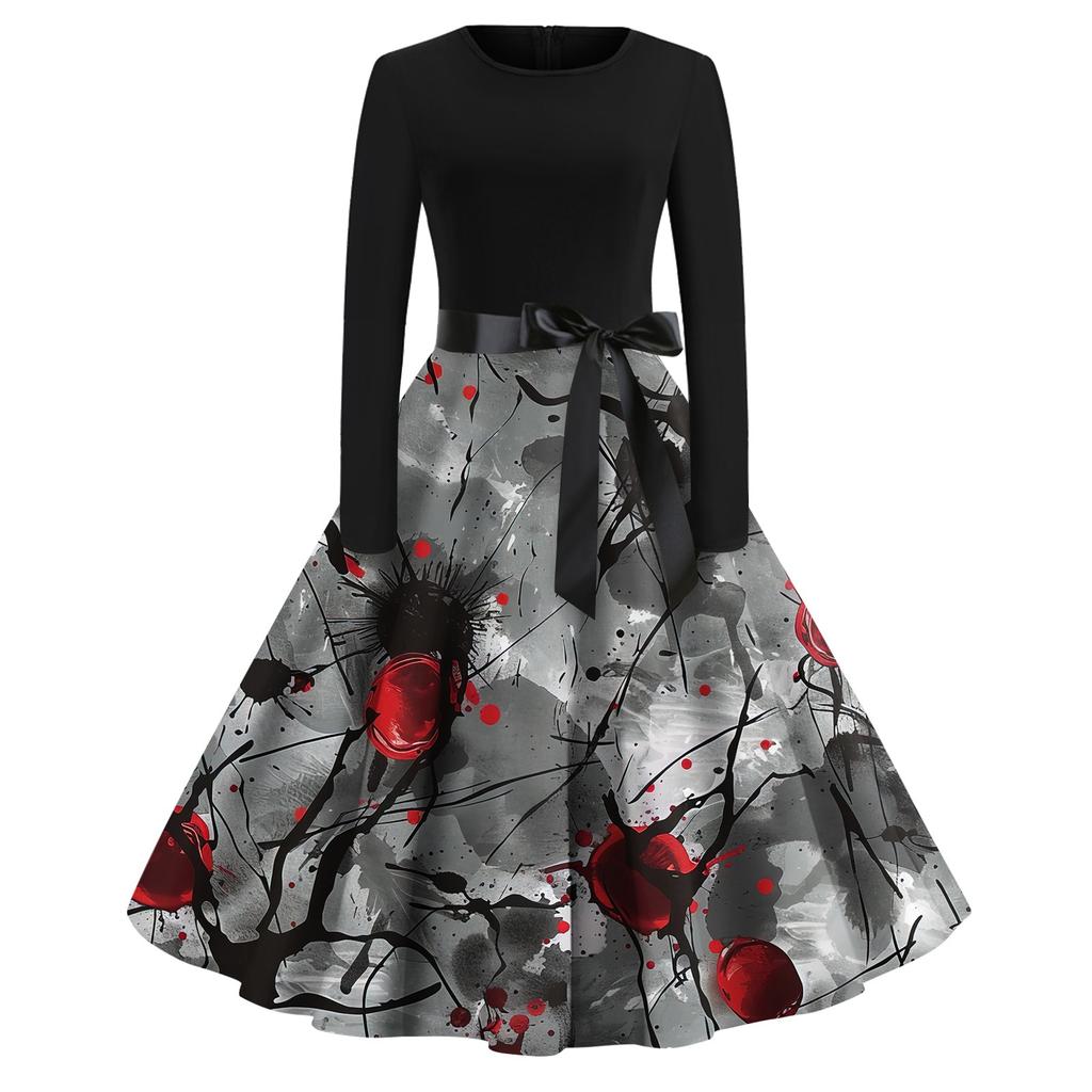 Halloween Print Flare Dress For Women Long Sleeve Dress Hollow Party Casual Round Neck Dresses