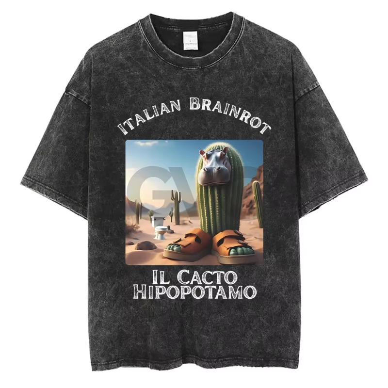 Bombardiro Crocodilo Crocodile Plane Bomber Funny Meme Washed Vintage T-shirt Men Women Casual Italian Brainrot Humor Style Tees