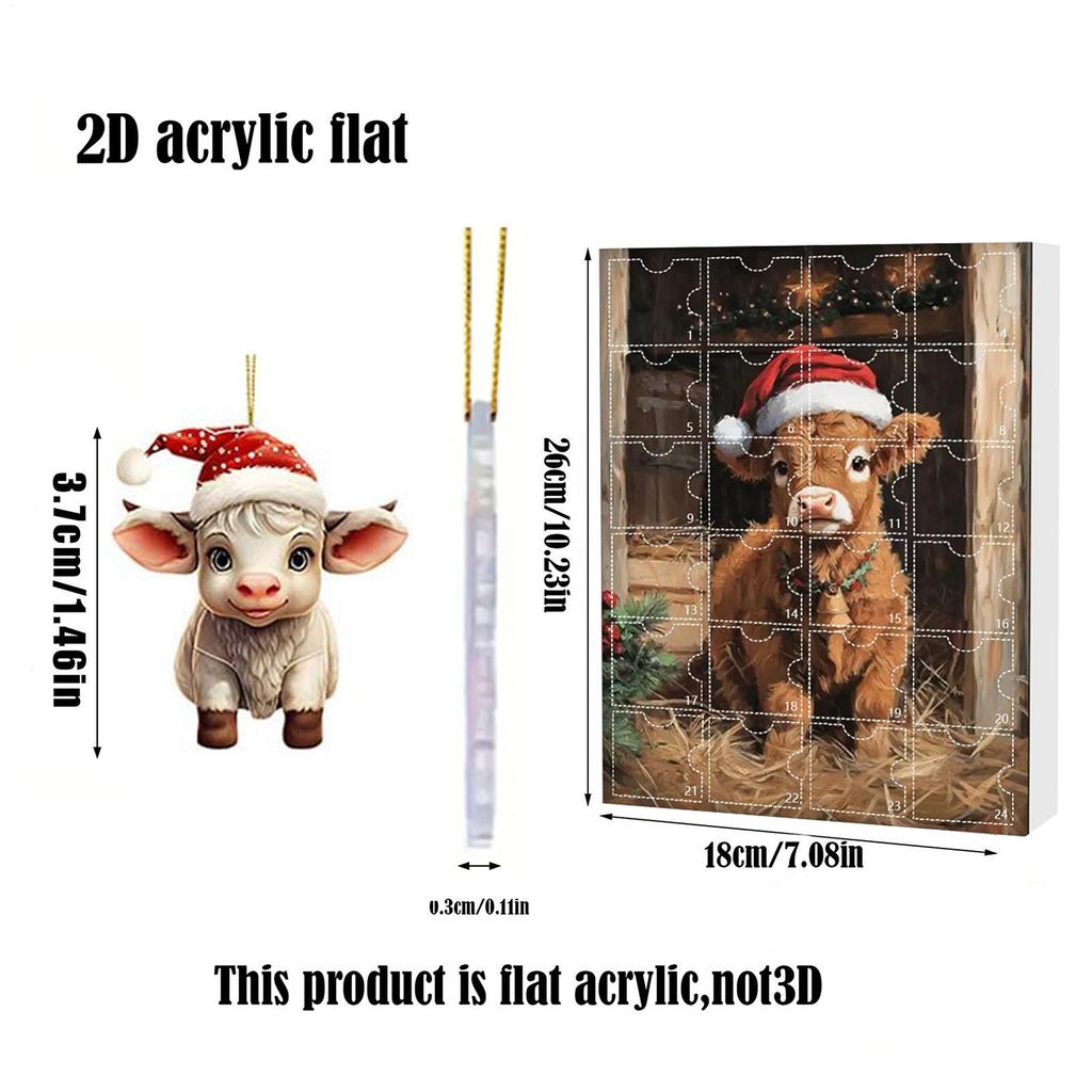 2D Hochlandrind Acryl Ornamente für Fenster Auto Spiegel, 24 Stück Niedliche Tier Anhänger für Kinder Weihnachten Adventskalender Blindbox