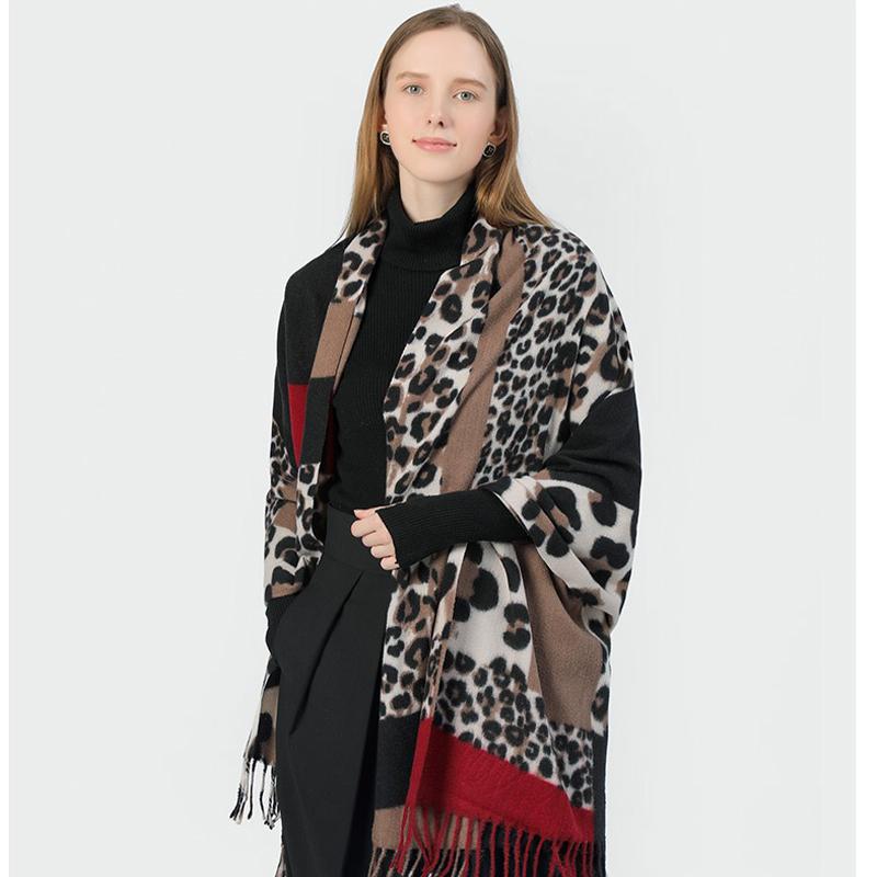 Leopard Print Women's Warm Scarf Color-block Leopard Wrap Shawl