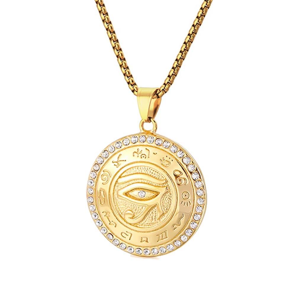 

Ancient Egypt The Eye of Horus Pendant Gold Color Stainless Steel Round Necklace for Women Men Egyptian Fashion Jewelry Gift 60cm