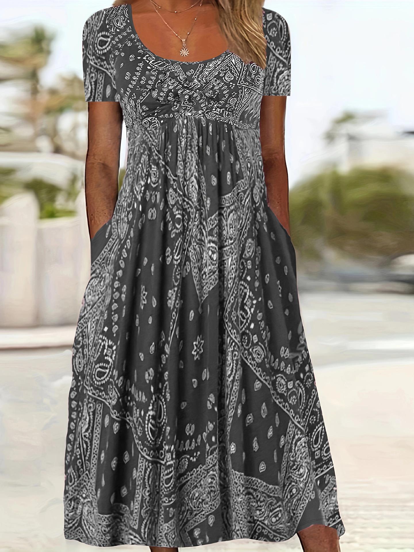 

Retro Print Mid-Waist Round Neck Casual Long Dress with Short Sleeves – European and American Summer Style 5XL