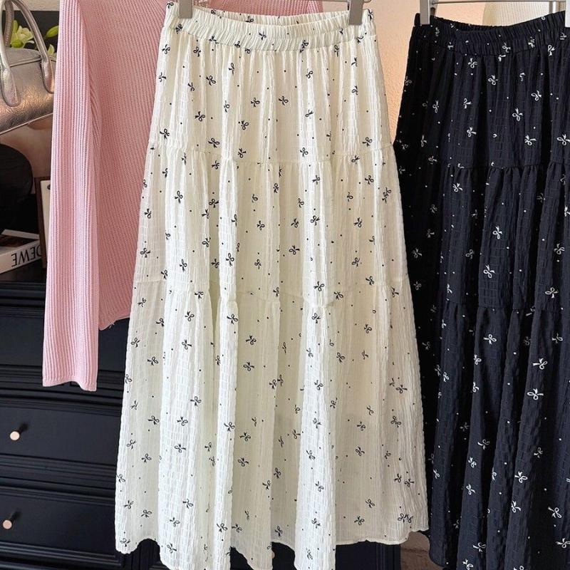 Women's Summer Bowknot Floral Chiffon High-Waist Tiered Cake Midi Skirt - Vintage Textured A-Line with Fresh Fairy Aesthetic