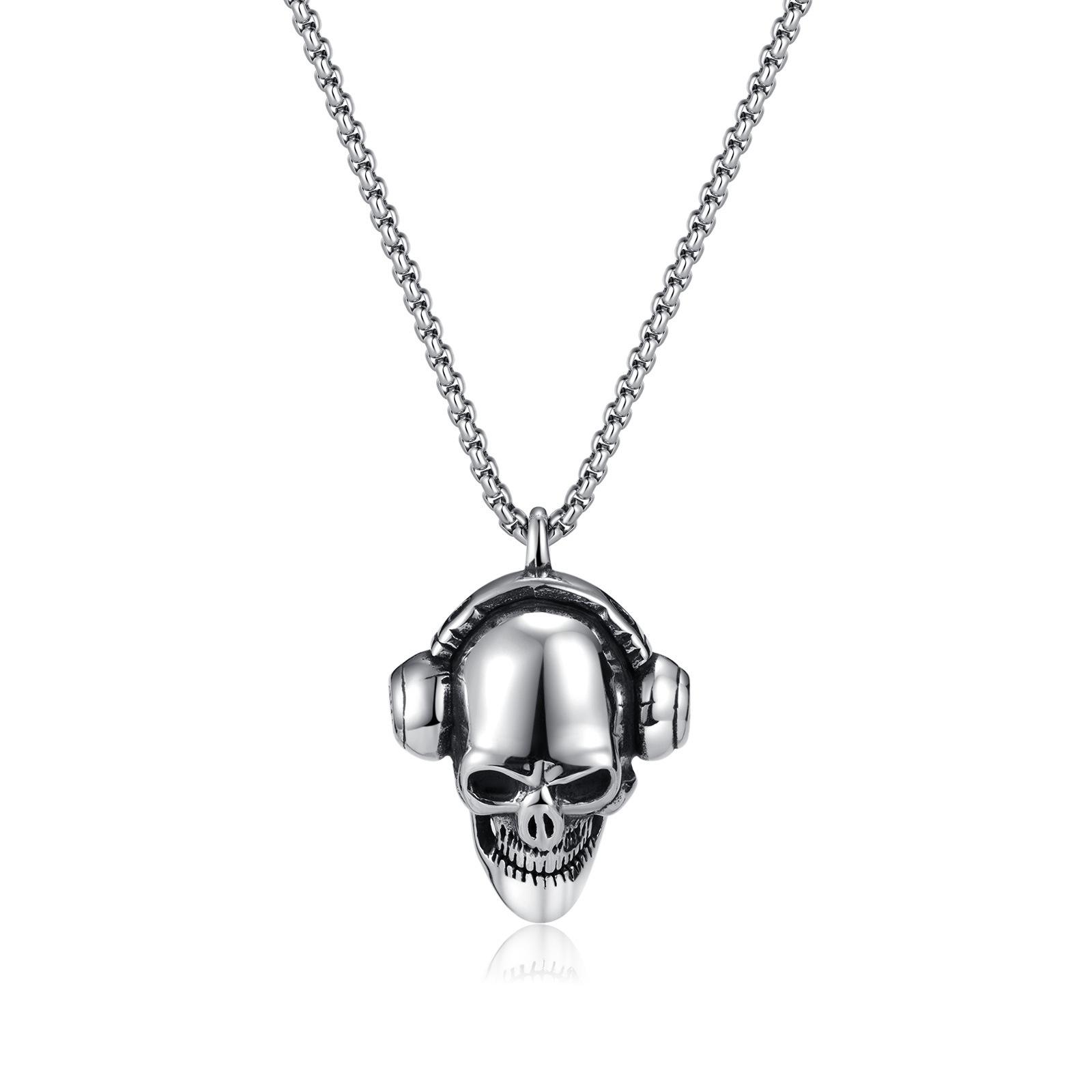Opk Jewelry Personalized Skull Titanium Steel Pendant Retro Hip Hop Wind Earphone Necklace Men