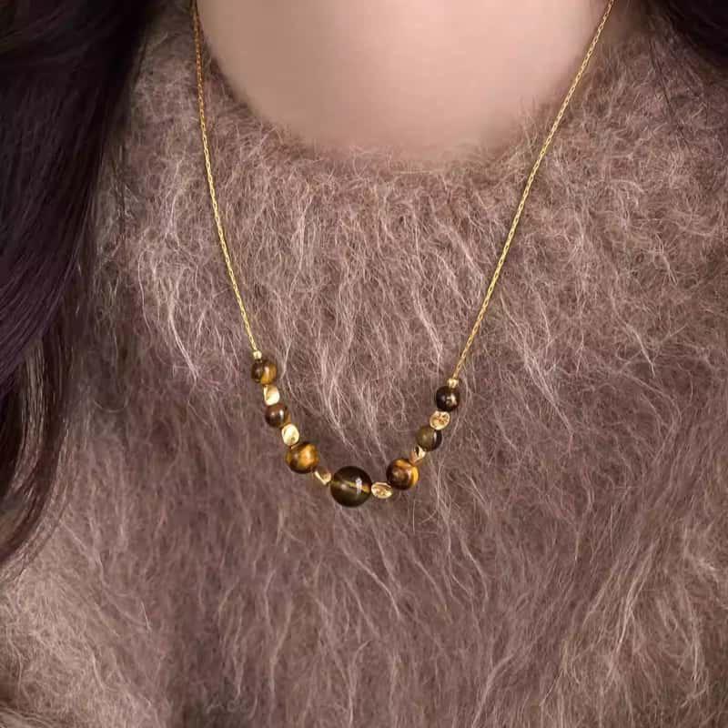 Maillard Tiger's Eye Stone Sun Pendant Necklace Retro Temperament Daily Commuter Collarbone Chain Light Luxury Niche Necklace Women