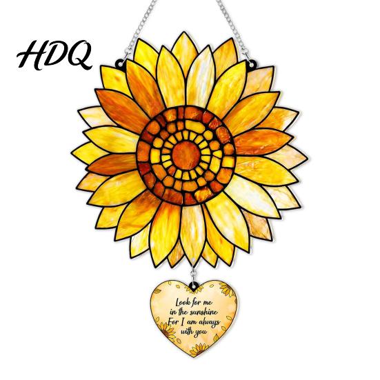 Sunflower Suncatcher for Window Stained Glass Style Pendant Floral Wall Hanging Art with Metal Chain Acrylic Ornament Home Garden Porch Decoration