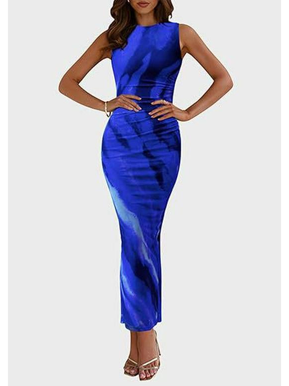 2024 Women's Floral Ruched Mesh Bodycon Dress - Sleeveless, Round Neck