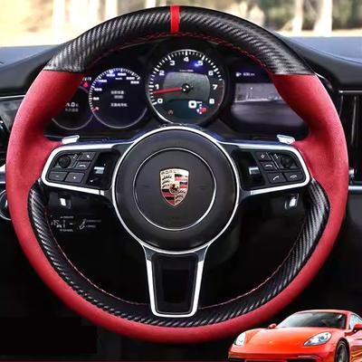 DIY Red Suede Carbon Fiber Steering Wheel Cover for Porsche Cayenne S Base E-Hybrid S Macan 918 Spyder Boxster 718 Cayman GT4