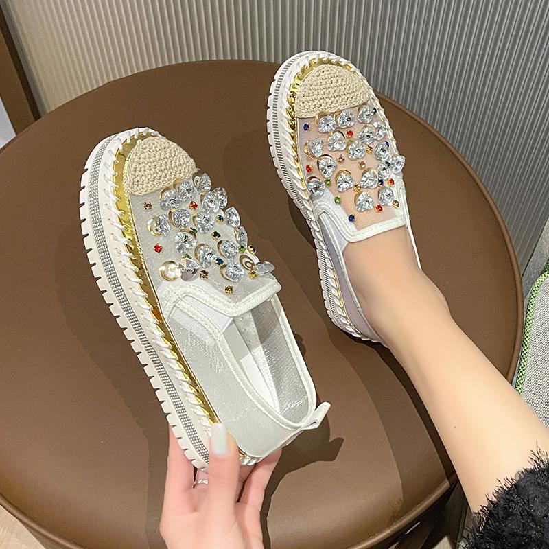 

Женские туфли слипоны на платформе большого размера, дышащая сетка, летний новый стиль, повседневные туфли с водными бриллиантами, резиновая подошва, средний каблук 43 белый
