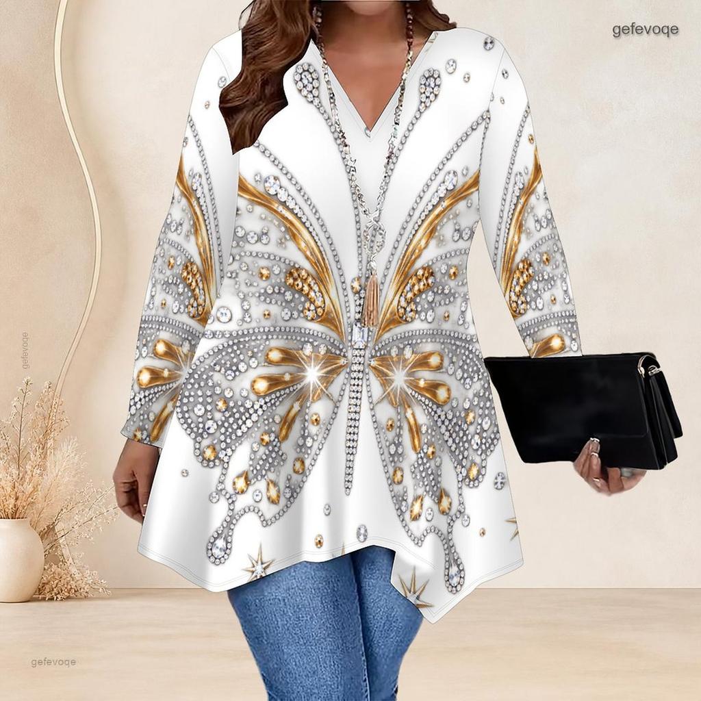 Women Plus Size V Neck Long Sleeve Colorful Galaxy Printed Asymmetric Hem Tunic Top