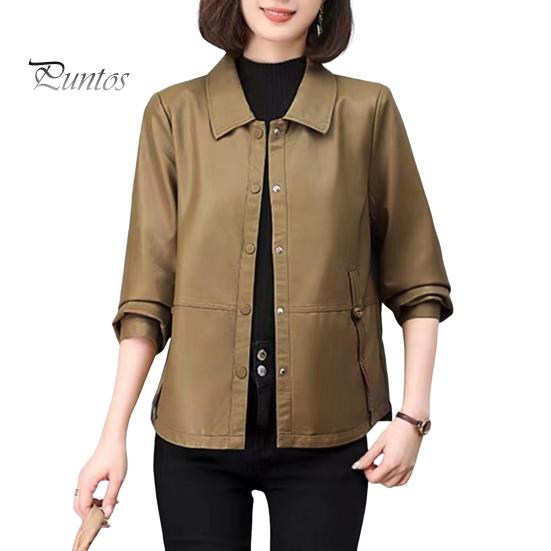 

Женская куртка из искусственной кожи с гладкой поверхностью, отложным воротником, однобортным кроем, карманами, длинными рукавами, ретро-пальто для мотоциклистов, верхняя одежда больших размеров для путешествий XXXL коричневый