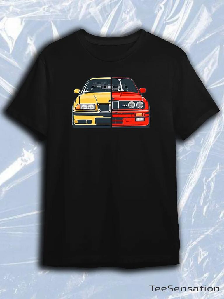 T-shirt TeeSensation Noir à Col Rond et Manches Courtes avec Illustration de Voiture BMW M3 Bicolore