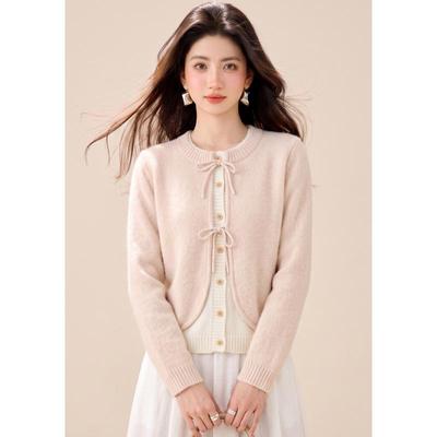 Pink Two-Piece Knit Sweater with Bow Tie and Color Block Patchwork for Autumn/Winter 2026.