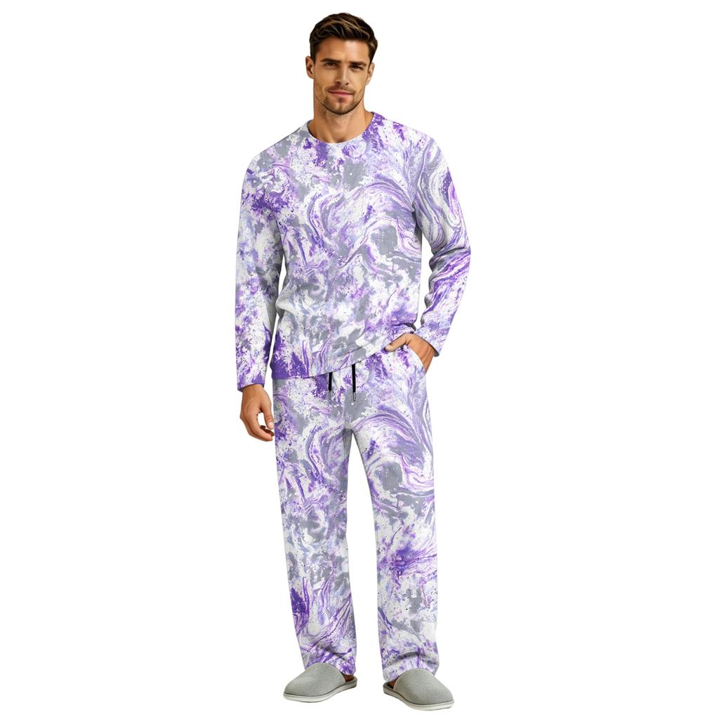 Men's Pajama Set Long Sleeve Top and Long Pants with Button Crotch and Elastic Drawstring Waist for Home Loungewear