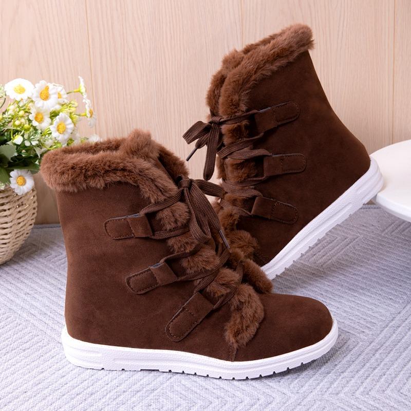 Large Size Snow Boots for Women's Autumn and Winter New Velvet Thickened Lace-up Warm Flat Cotton Boots for Women