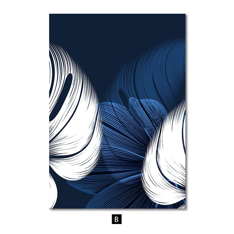 Modrá Bílá rostlina List Obraz Obraz Plakát Moderní bytový dekor Abstraktní nástěnná malba Severská dekorace do obývacího pokoje