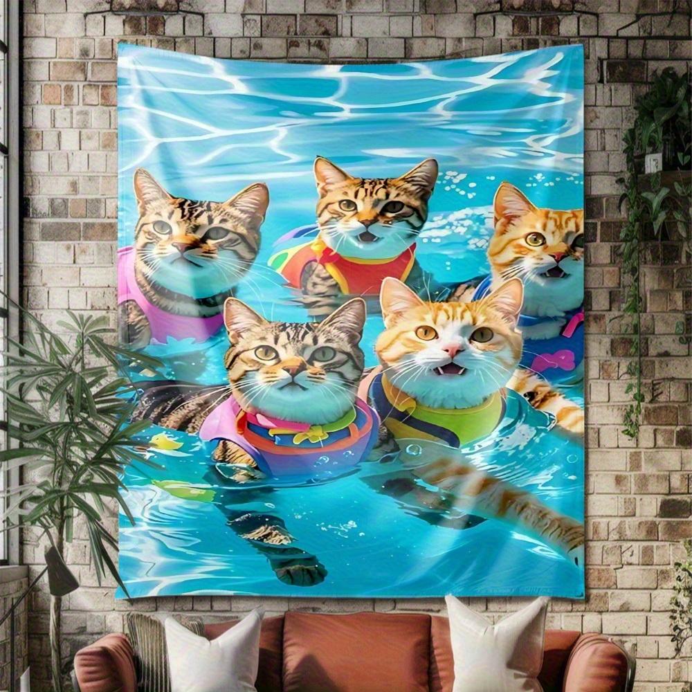 Adorable Cat Swimming Digital Printing Polyester Wall Tapestry Suitable for Use In Living Rooms Bedrooms Offices Bars and Party