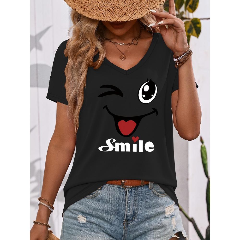 [T-shirt Imprimé Ancre] T-shirt Décontracté pour Femme à Imprimé Ancre et Col en V - Court